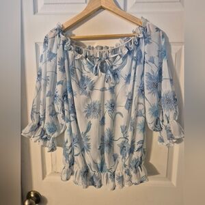Women's Floral Blue and White Top Blouse Sz XL